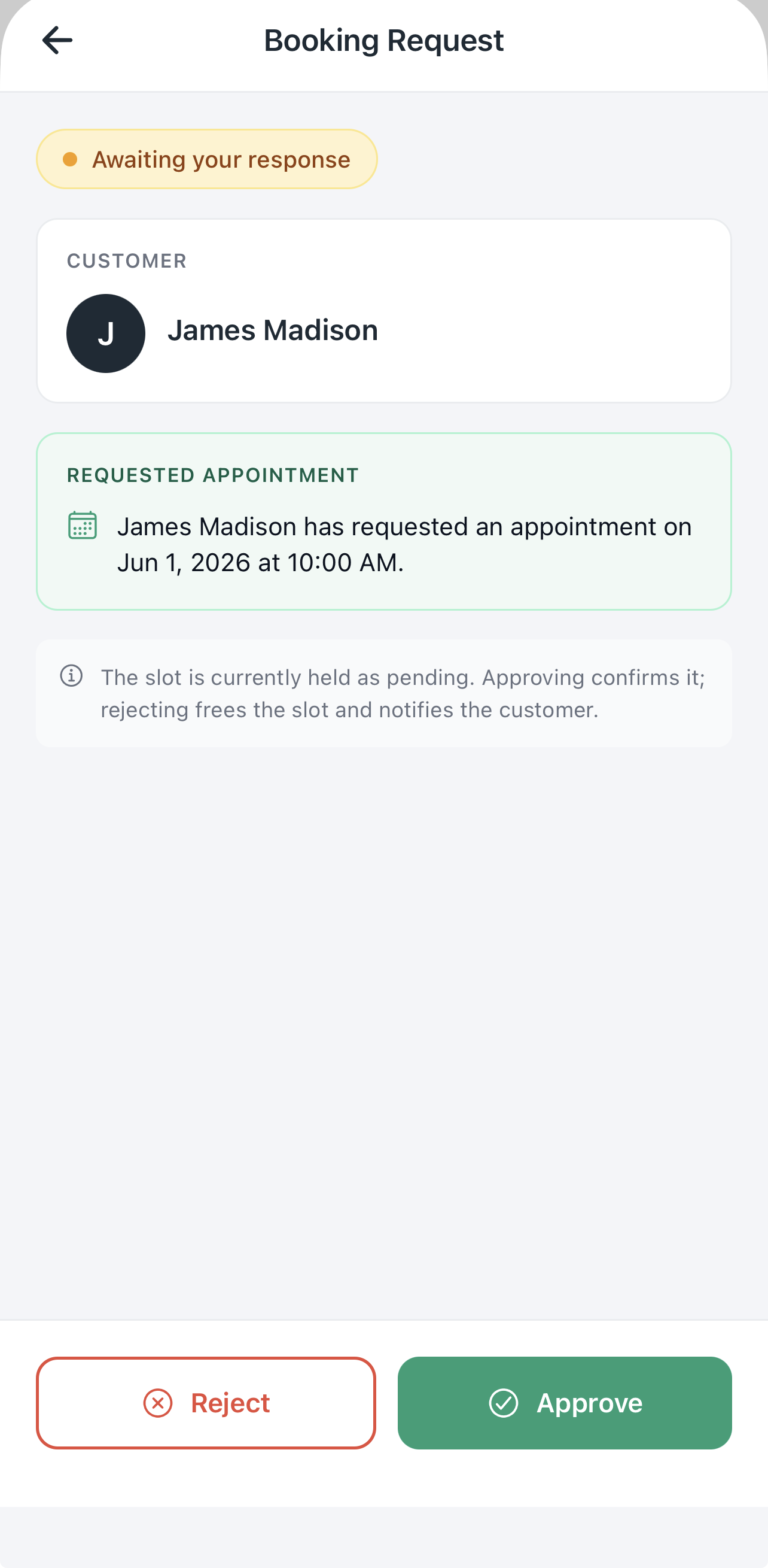 BetterFlow booking request approval screen