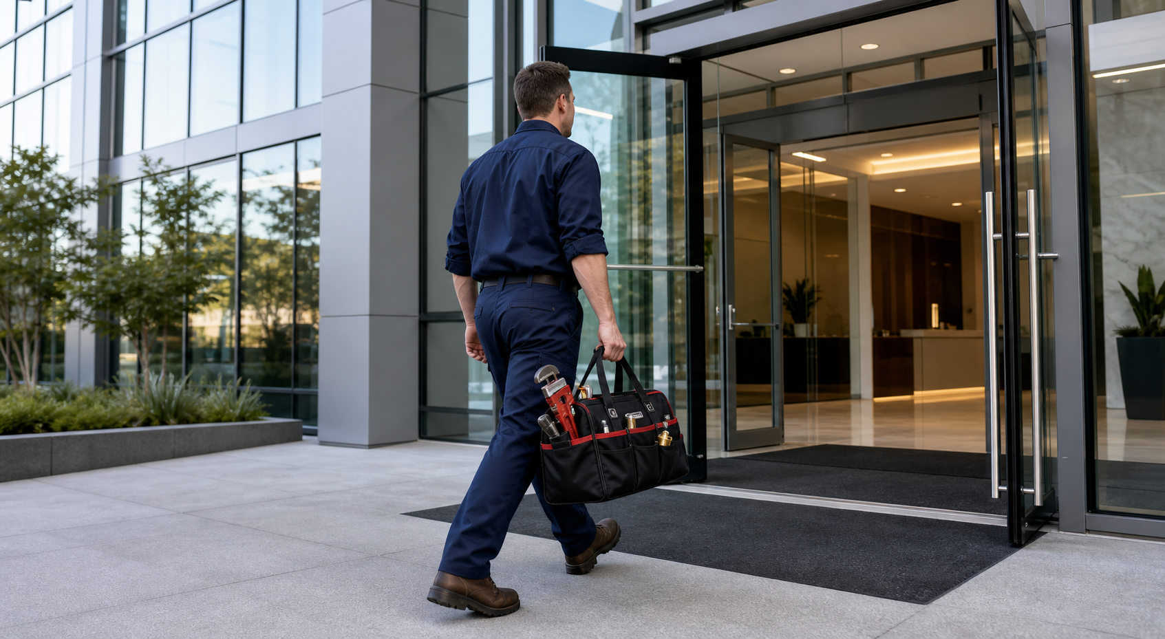 Commercial plumber carrying tools into a modern office building