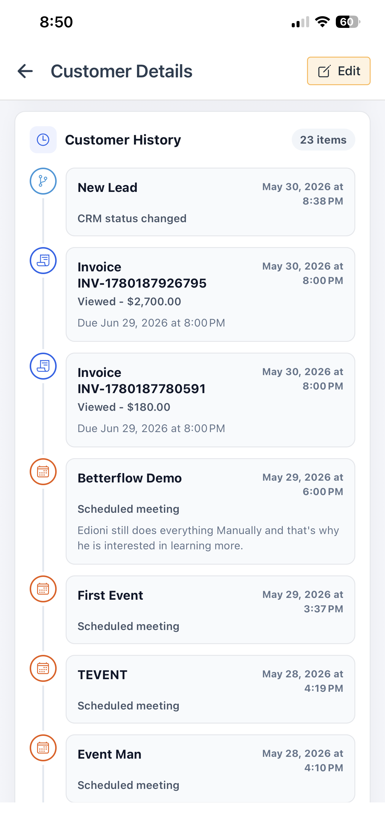 BetterFlow customer history timeline on mobile