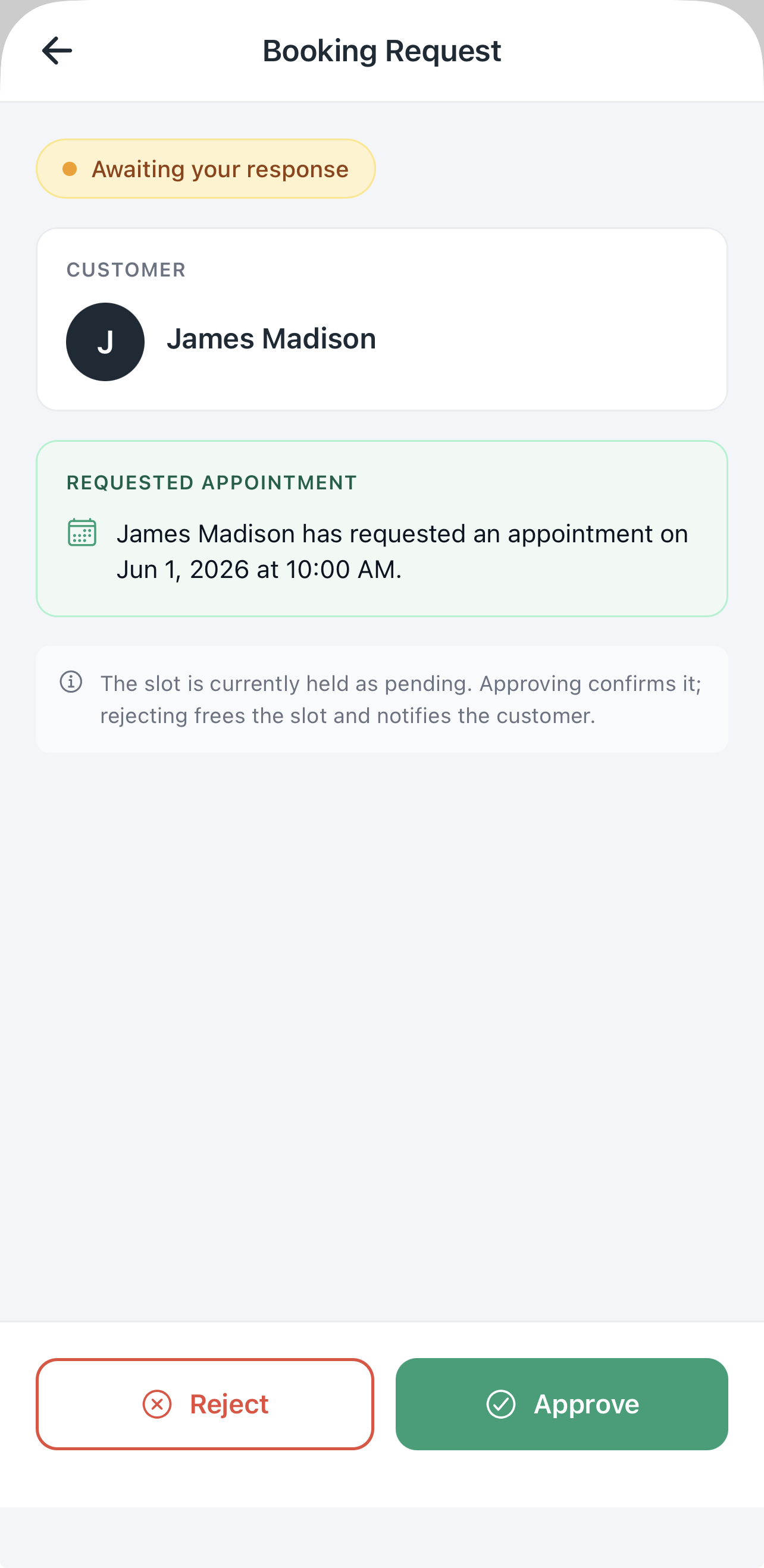 Booking request approval screen