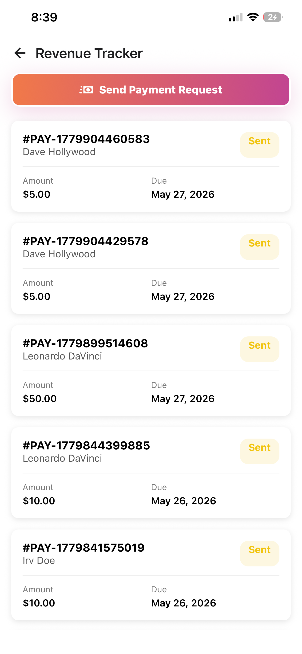 Payment request tracker screen