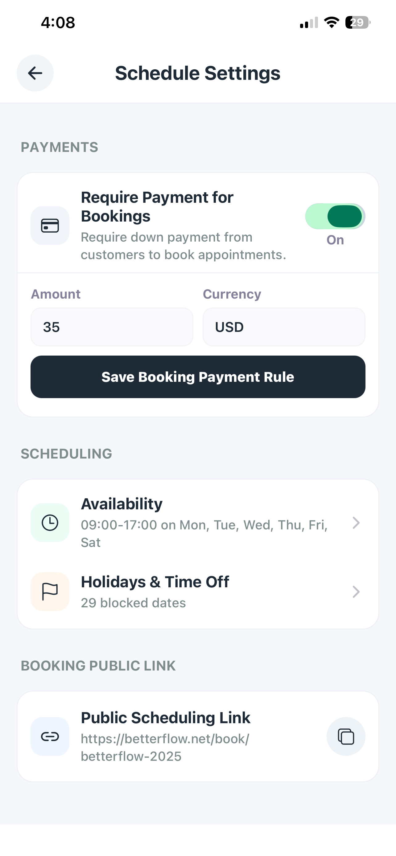 Schedule settings screen