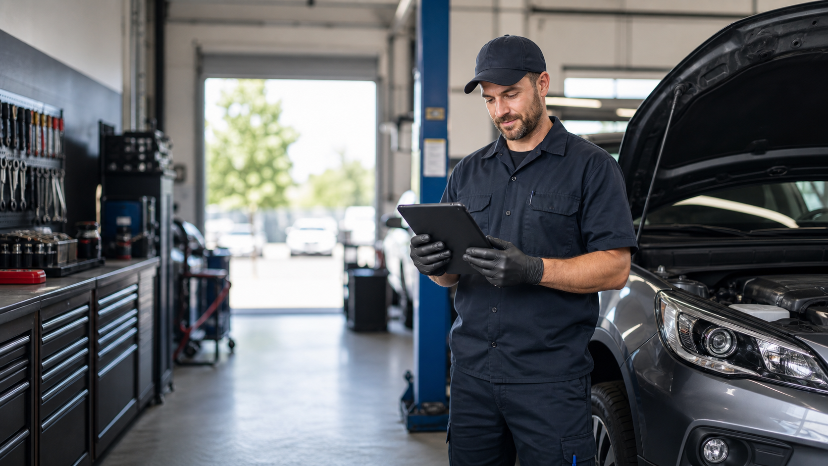 Automotive service technician using BetterFlow in a garage